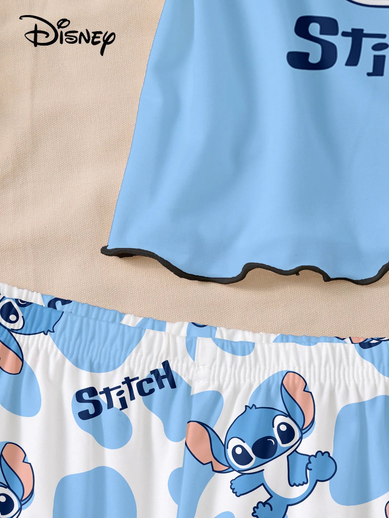 Women's 2-piece Disney Stitch Cute Cartoon Pattern Pajamas Home Clothes Strap Top+Elastic Shorts Off Shoulder Star Cartoon Print