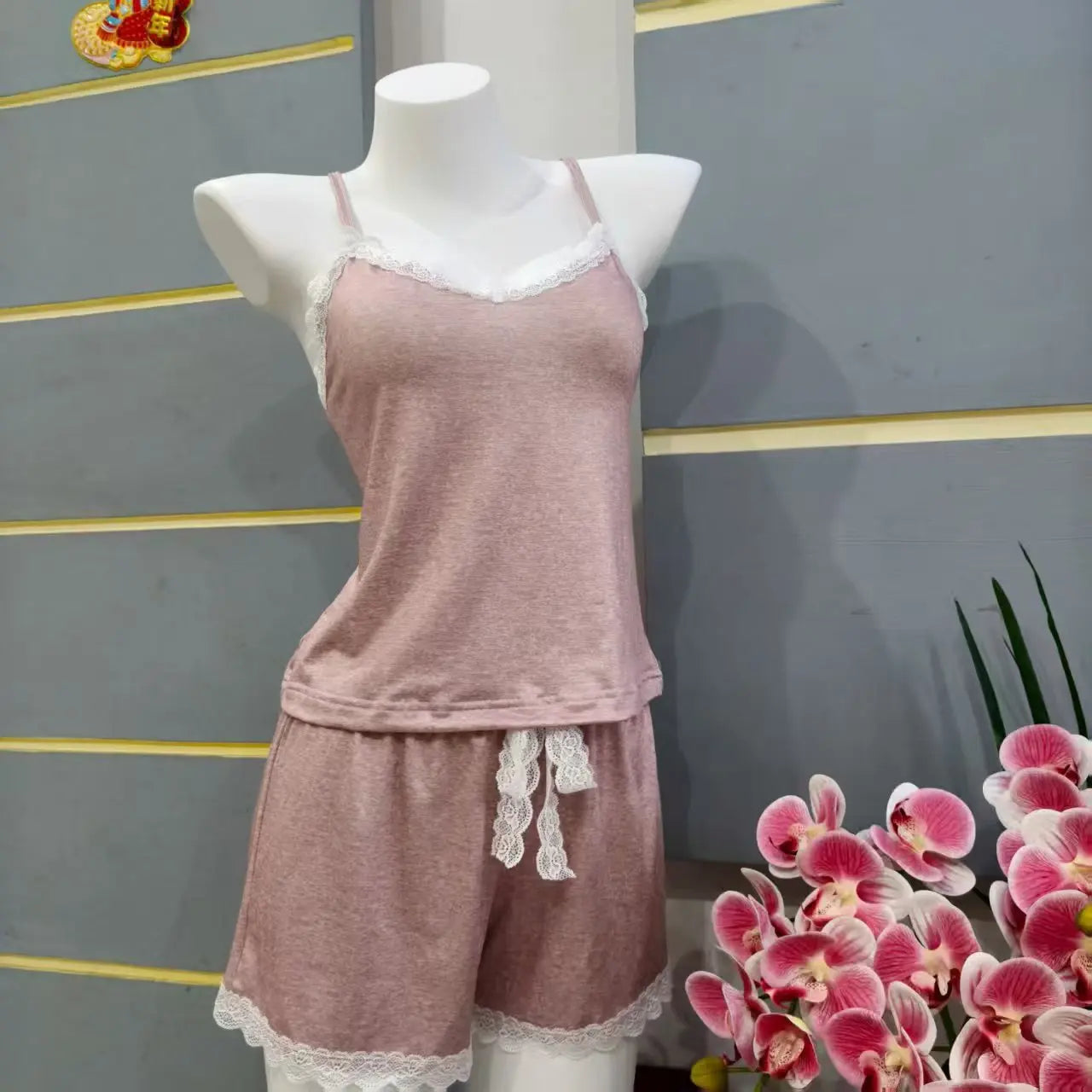 Womens Soft Pajama Set Sexy Lace Trim