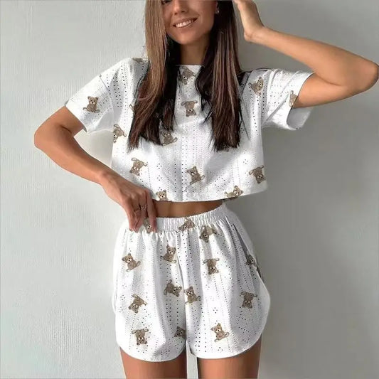 Women Pajamas Set Women's Short Sleeve Shorts Jacquard Print Summer Fashion Two-piece Pajamas Homewear Set