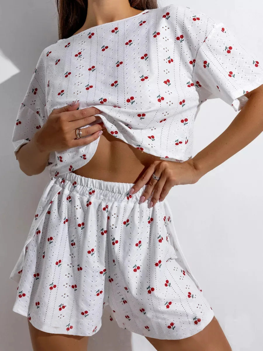 Women Pajamas Set Women's Short Sleeve Shorts Jacquard Print Summer Fashion Two-piece Pajamas Homewear Set