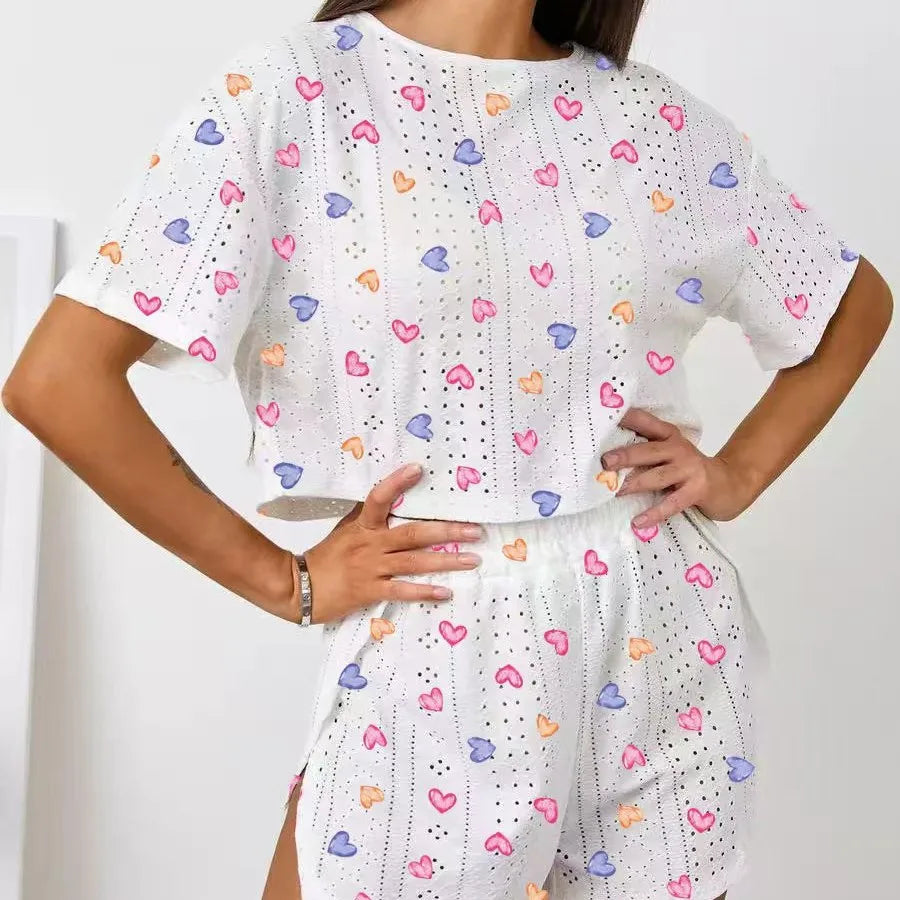 Women Pajamas Set Women's Short Sleeve Shorts Jacquard Print Summer Fashion Two-piece Pajamas Homewear Set