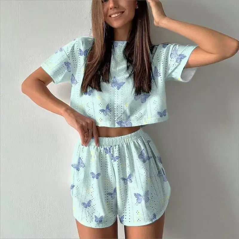 Women Pajamas Set Women's Short Sleeve Shorts Jacquard Print Summer Fashion Two-piece Pajamas Homewear Set