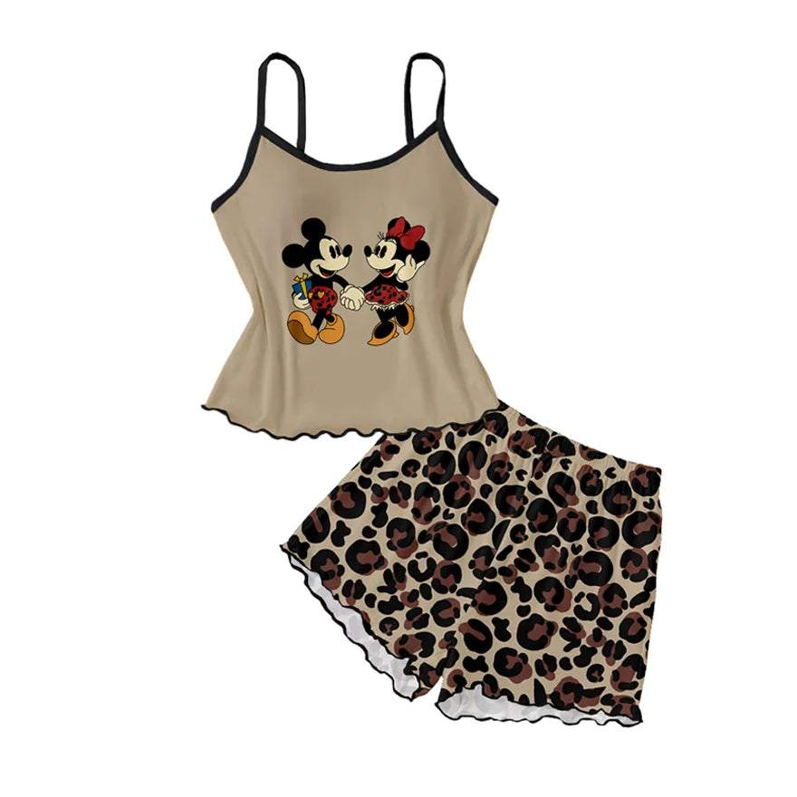 Women's 2-piece set of Disney Mickey and Minnie leopard print cartoon pattern camisole top and shorts pajamas home wear