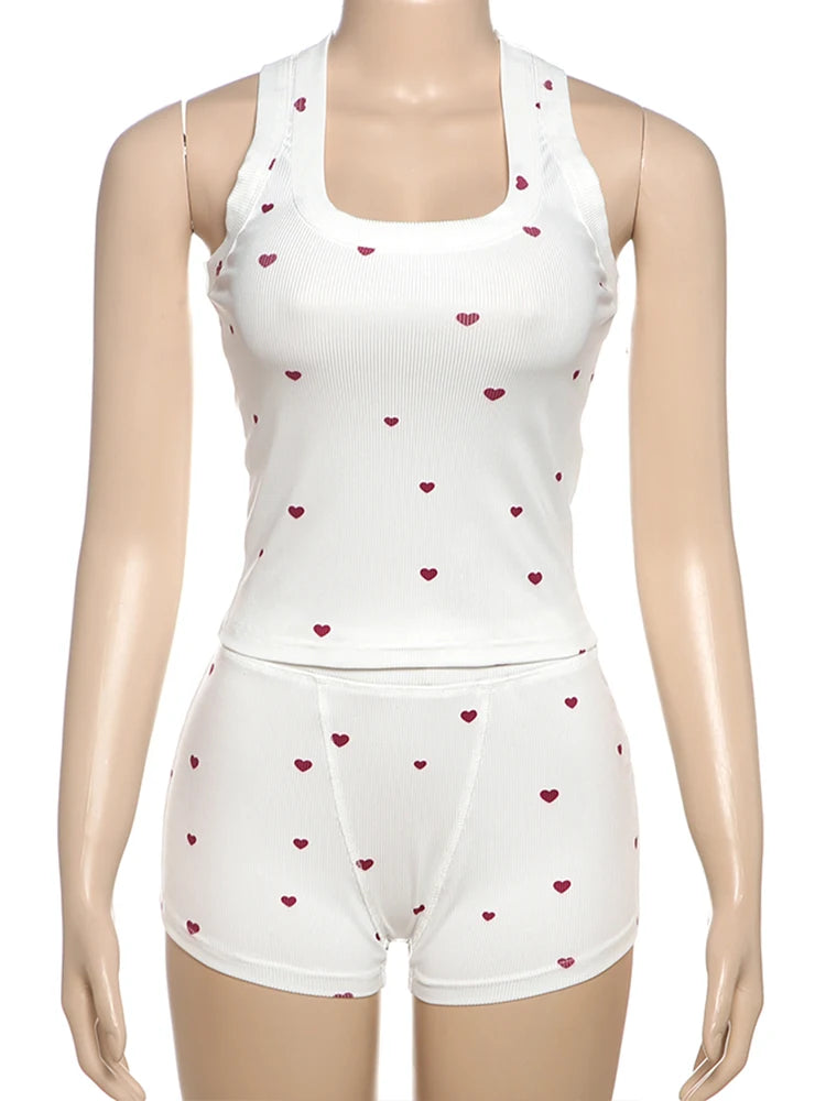Nibber Comfortable Heart Print 2 Piece Set Women Square Collar Sleeveless Crop Tops+Stretch Shorts Sweet Girls Fashion Outfits