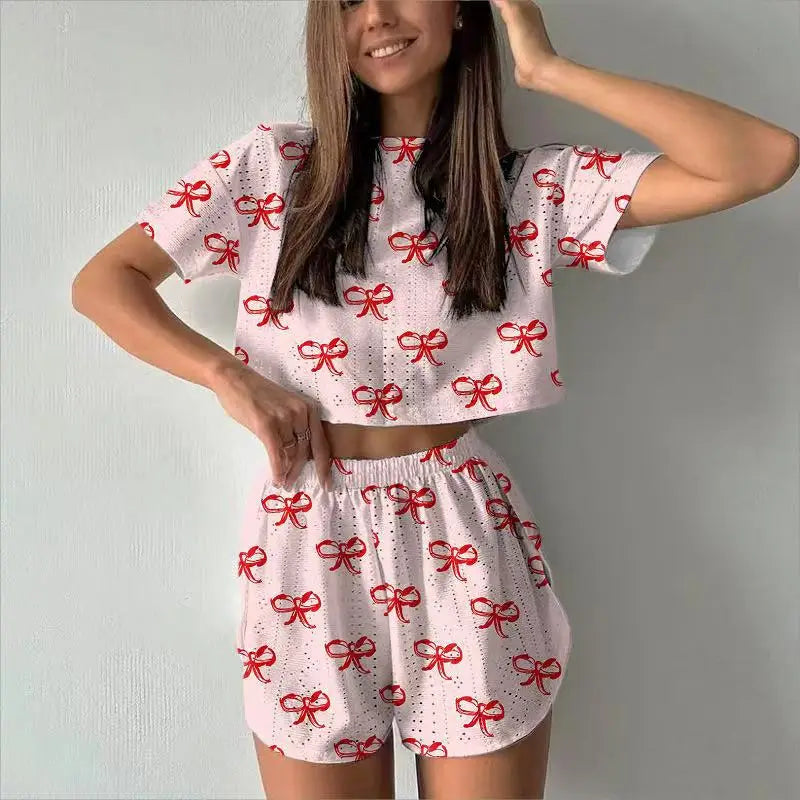 Women Pajamas Set Women's Short Sleeve Shorts Jacquard Print Summer Fashion Two-piece Pajamas Homewear Set