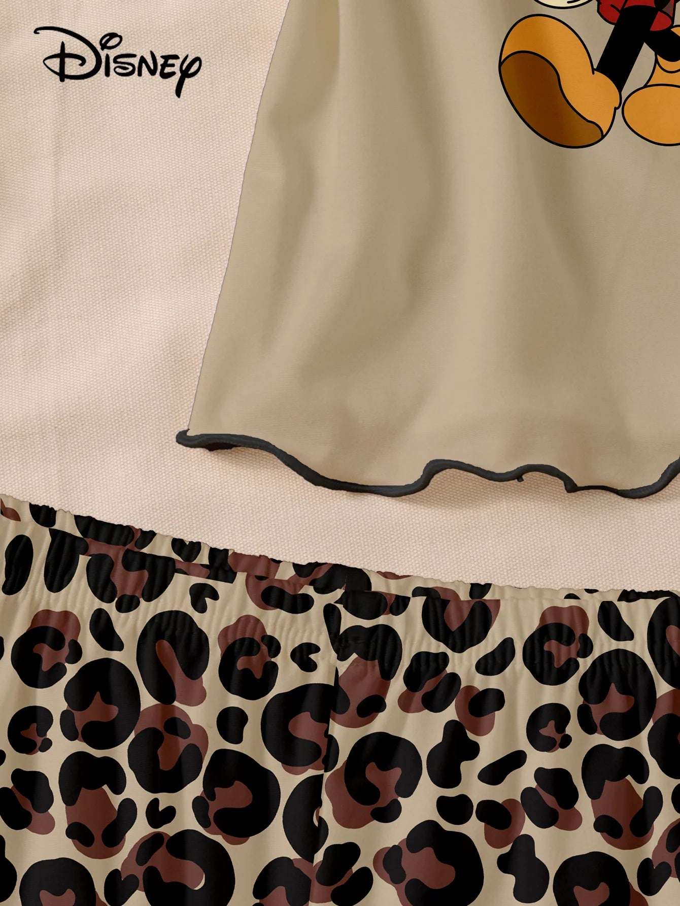 Women's 2-piece set of Disney Mickey and Minnie leopard print cartoon pattern camisole top and shorts pajamas home wear