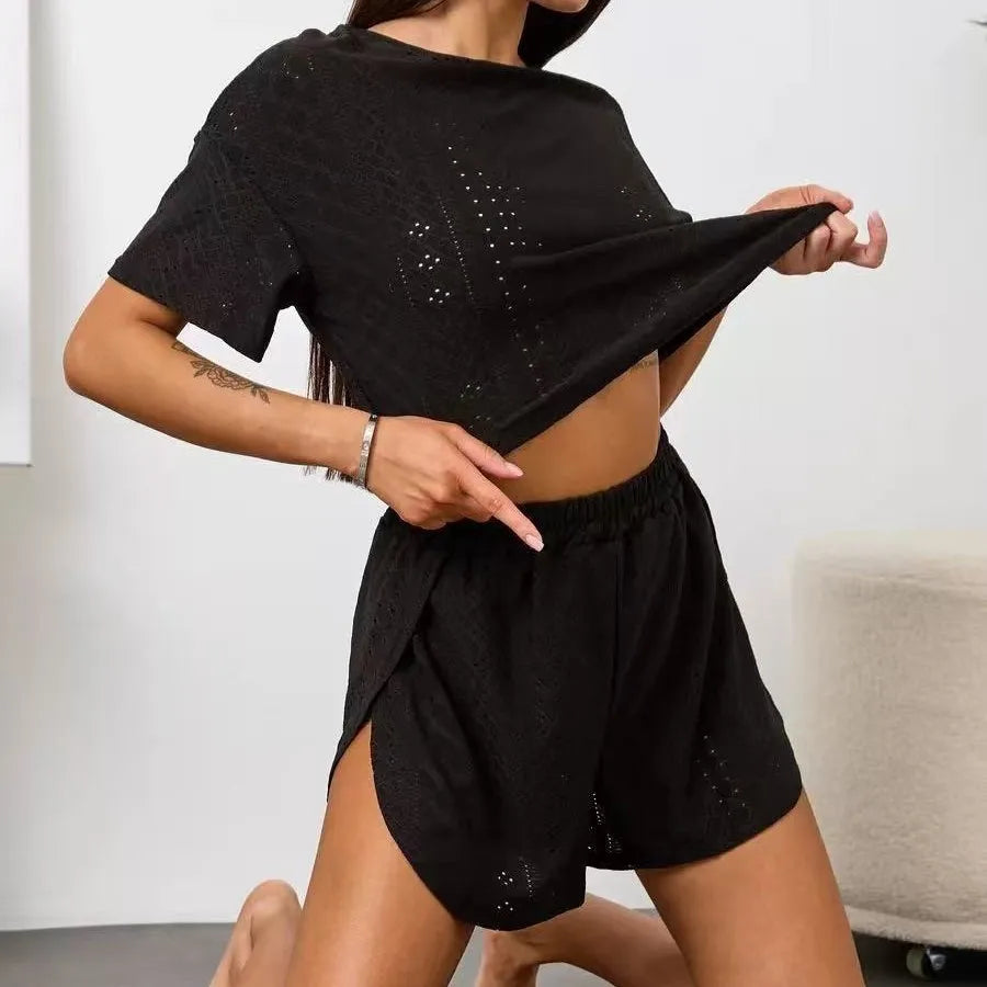 Women Pajamas Set Women's Short Sleeve Shorts Jacquard Print Summer Fashion Two-piece Pajamas Homewear Set