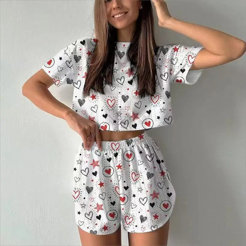 Women Pajamas Set Women's Short Sleeve Shorts Jacquard Print Summer Fashion Two-piece Pajamas Homewear Set