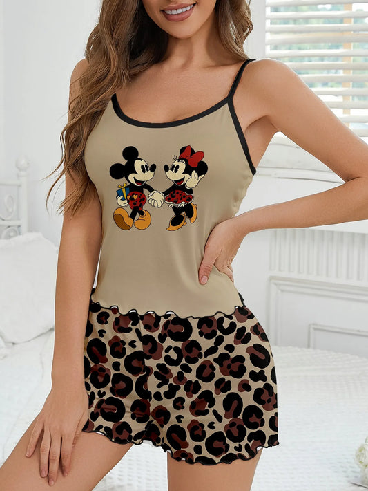 Women's 2-piece set of Disney Mickey and Minnie leopard print cartoon pattern camisole top and shorts pajamas home wear