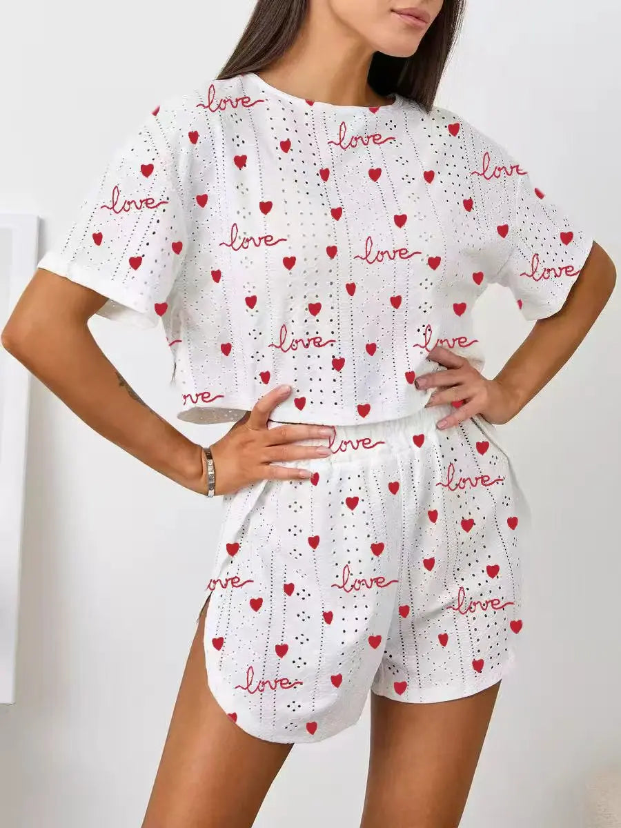 Women Pajamas Set Women's Short Sleeve Shorts Jacquard Print Summer Fashion Two-piece Pajamas Homewear Set